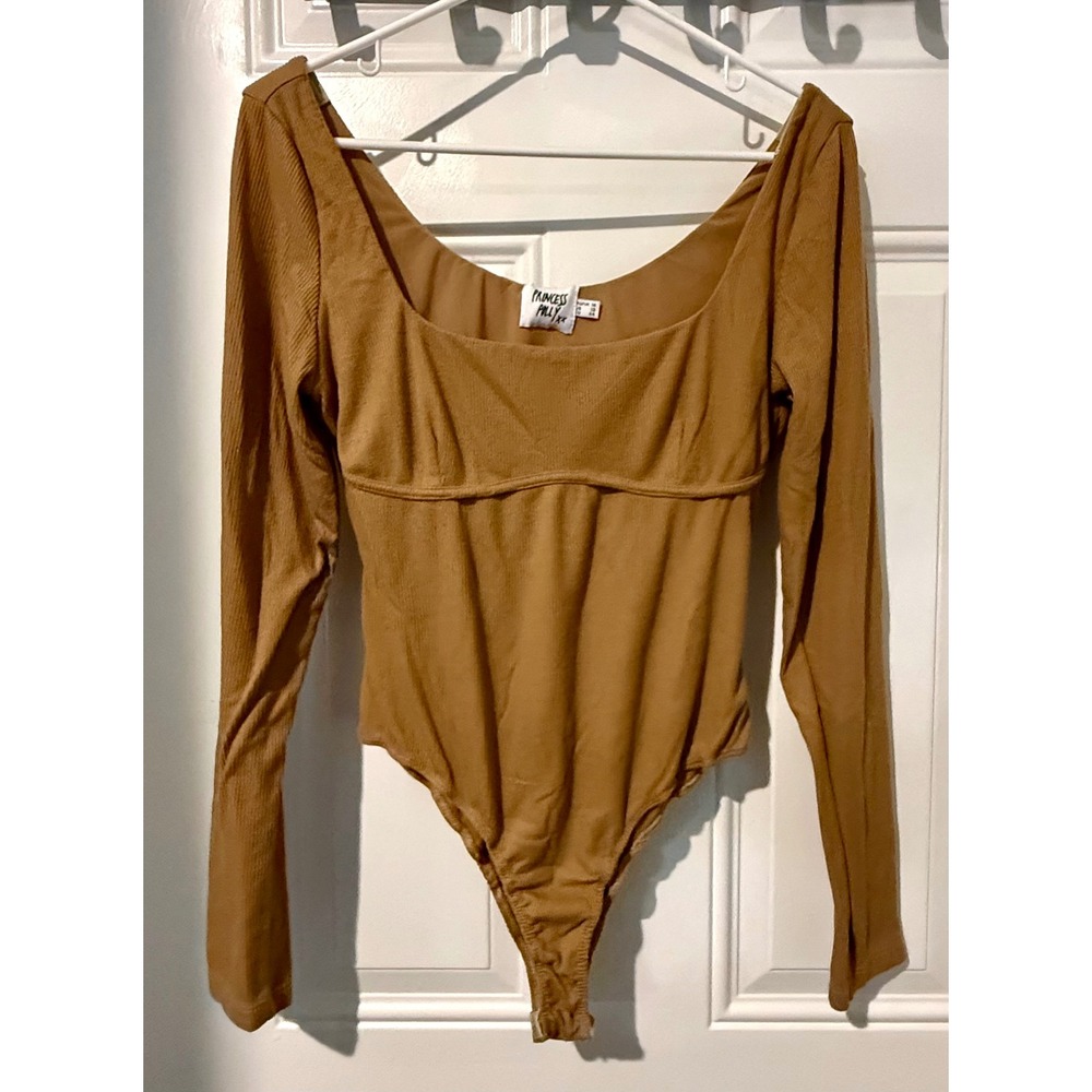 Princess Polly Bodysuit Size 12 Excellent Tan Ribbed Long Sleeve Square Neck
